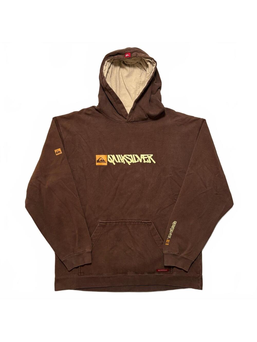 VTG Y2K Quiksilver Logo Faded Graphic Pullover Hoodie Men's L Brown Skater Surf